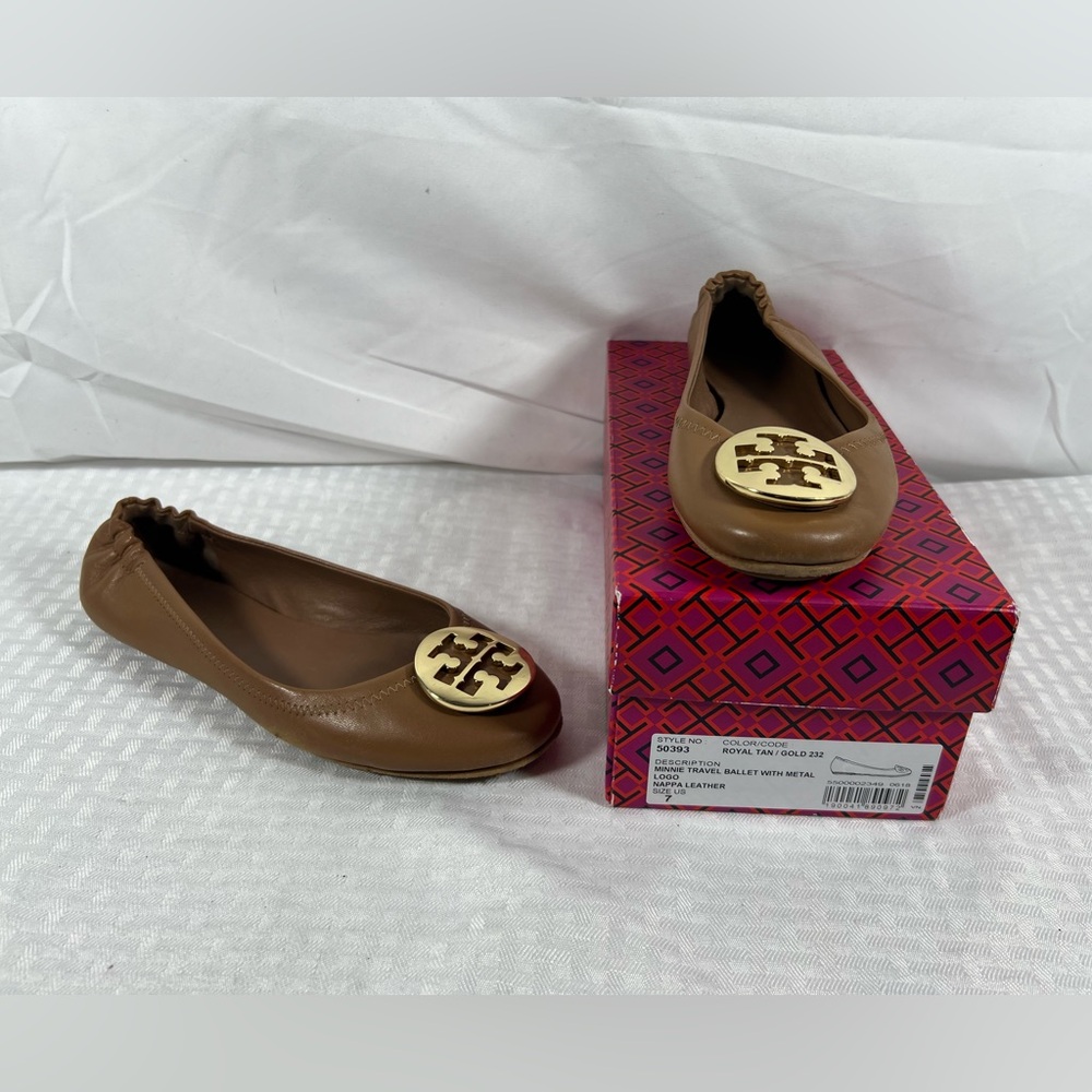 Tory Burch Minnie Travel Ballet Flats Royal Tan Leather US 7